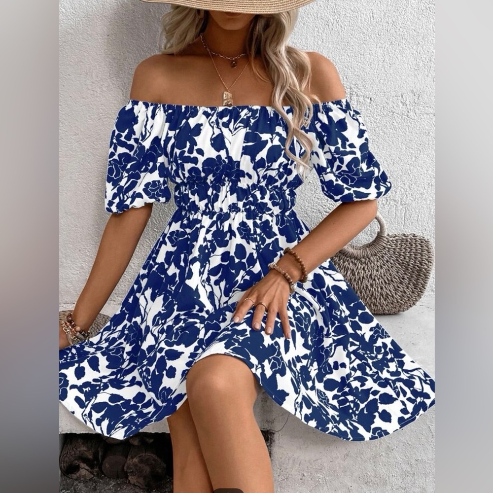 Blue & White Off the Shoulder Dress - L